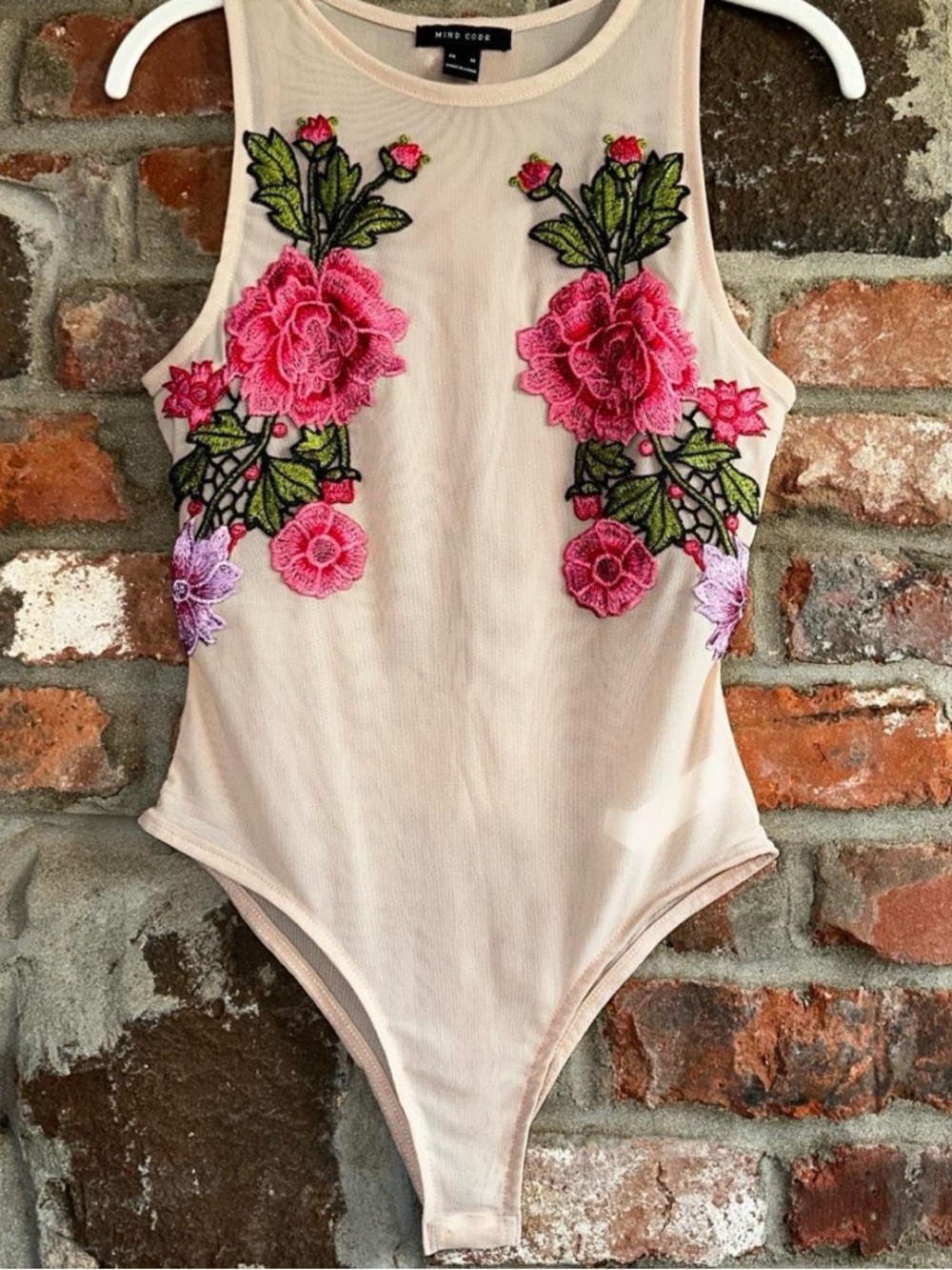 Mind Code Nude Bodysuit with Pink Floral Embroidery